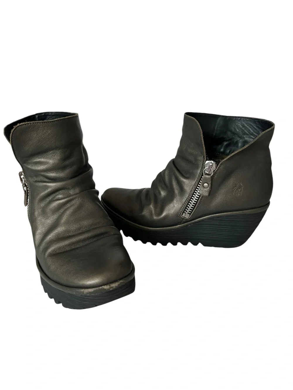 Fly London Yoxi Metallic Pewter Gold Wedge Ankle Boots EU 42